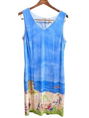 CDC Petites Shift Dress Beach Ocean Blue Sleeveless Grannycore Resort Sz 14